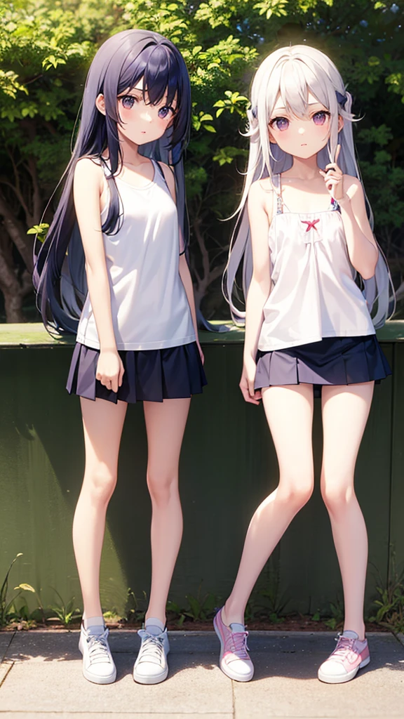 Very cute 11 year old twin girls、Long Hair、Tank top、Miniskirt, White Skin