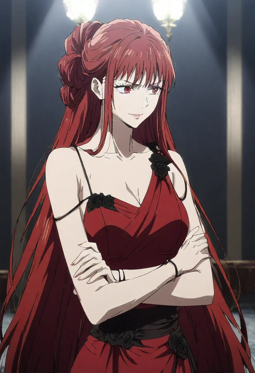 1girl, female gojo satoru, anime screencap from jujutsu kaisen, gojo satoru female version, solo, very long_hair, red eyes ((red_hair)), night view, breasts, upper_body, smile, indoors, book, bangs, red_eyes, lips, ((her hairstyle : The character in the image has long straight red hair)) wearing an elegant red dress with thin straps, breast, "very detailed and high resolution" (red eyes) ((cross arms)) ((very long hair)) ((solo))