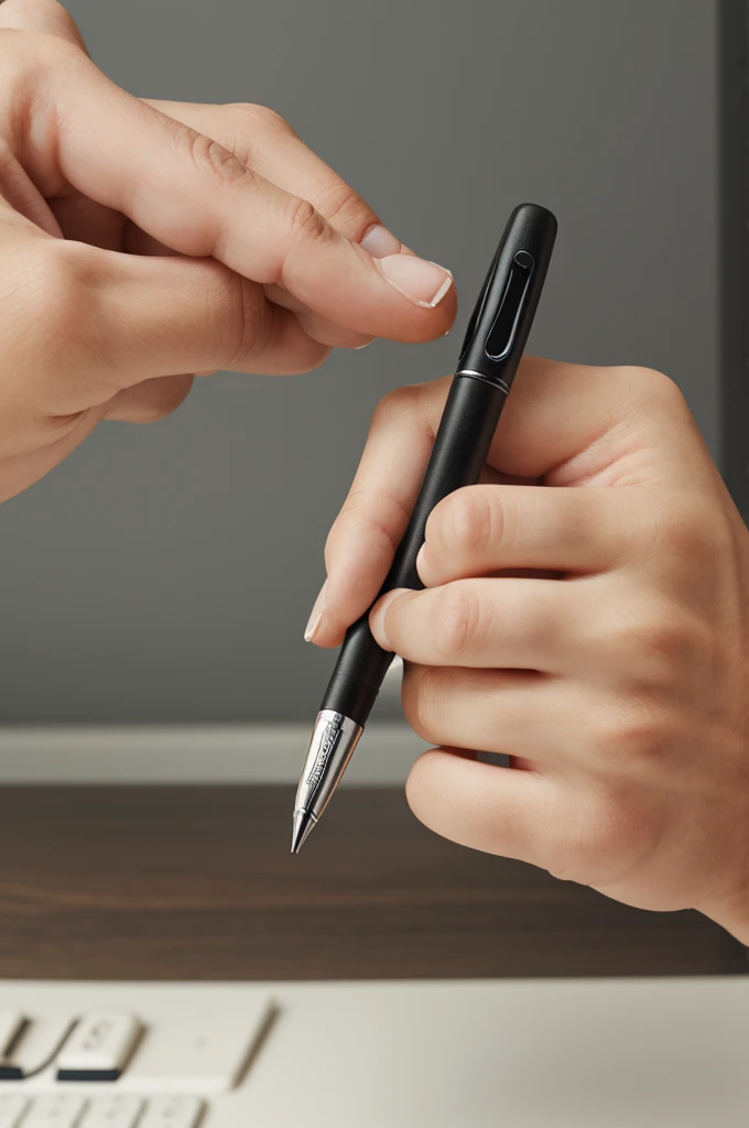 Holding a pen grip of your hand realistic. Your fingers in the grip should be faced towards down in the copy as if they touch the copy but not the pen.