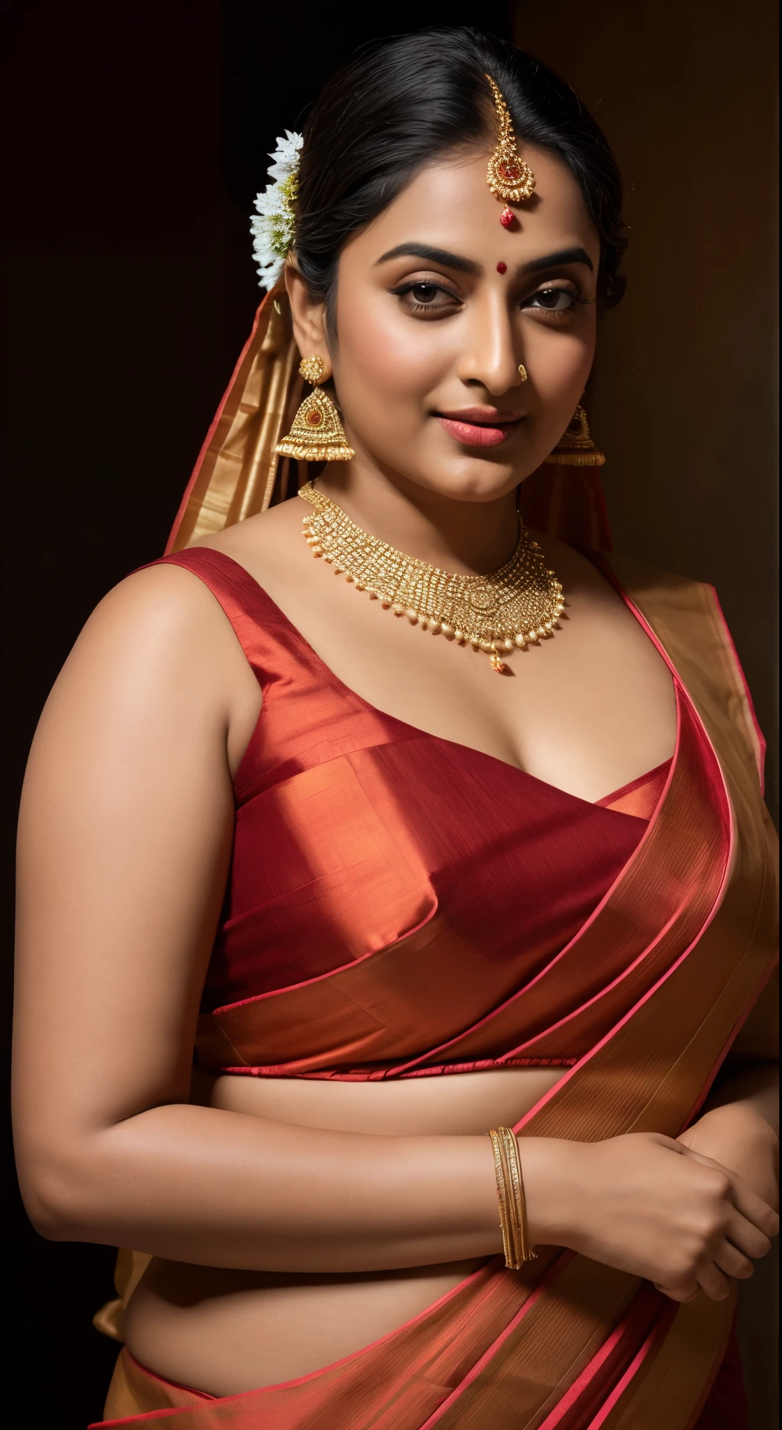 Foto RAW, photorealistic, photography, full body shot, master shot, perfect eyes, goddess like beauty, pierced eyes, perfect thick chubby mallu Desi aunty bhabhi, Wearing a Stanapatta, a chest-band.Saree model, model Photography, Indian saree shoot, Indian traditional wear advertising photography, traditional wear brand shoot, face of Indian actress Sonakshi Sinha, masterpiece, realistic, realism, incredible details,  pleasure, photorealism, detailed skin, skin pores, high contrast, photorealistic Artstation 8k HD digital art trend of high definition and detailed realistic skin texture, ultra detail, realistic skin texture, armature, best quality, ultra high definition, (photorealistic:1.4),, high resolution, detail, raw photo, sweat, Re sharp, by Lee Jefferies Nikon D850 Film Stock Photo 4 Kodak Portra 400 Camera F1.6 Lens Rich Color Ultra Real Realistic Realistic Textures Dramatic Lighting Unreal Engine Trending at Art Station Cinestill 800,(pele altamente detalhada: 1.2), 8k UHD, DSLR, soft-lighting, alta qualidade, grain of film, Fujifilm XT3,she didn't like to wear blouse or bra, she is happy to wear only saree, she hates blouse or bra, detailed hairy armpits, hyper realistic skin, skin pores, sweat, veins, 