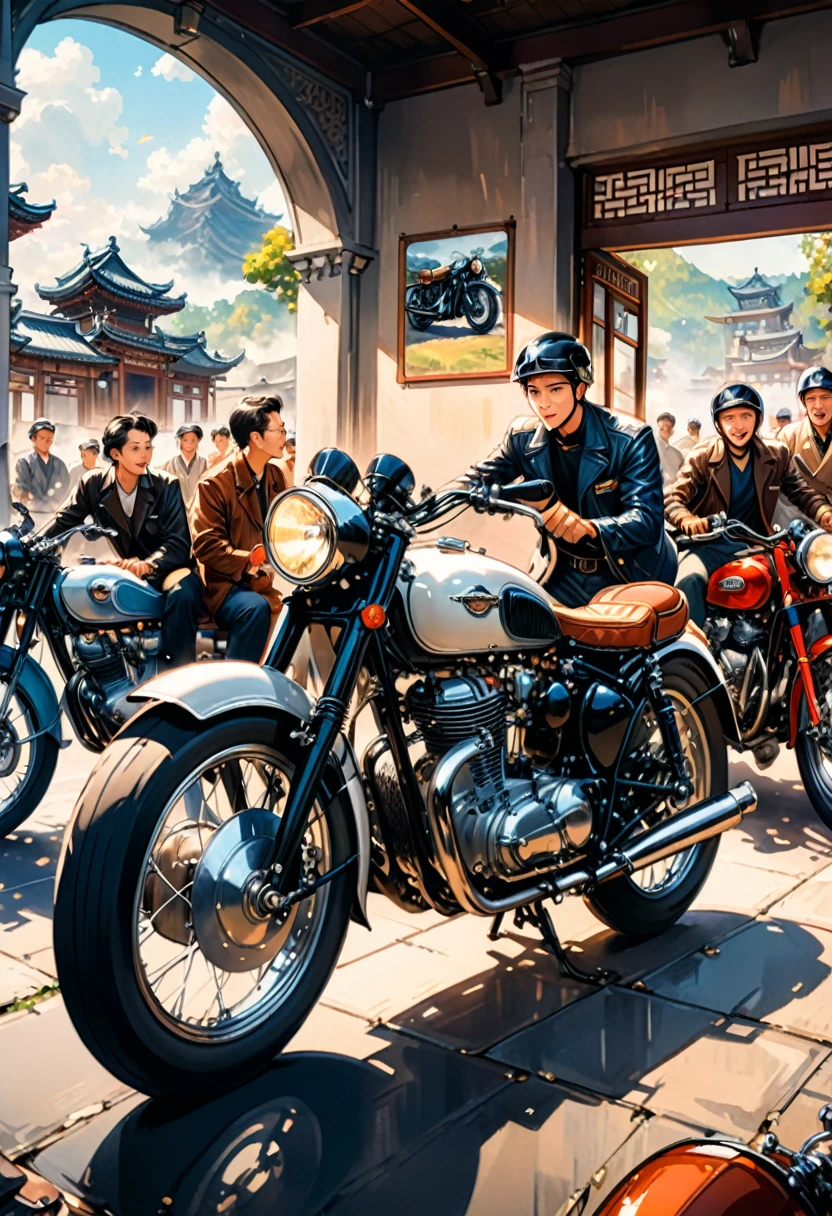 (Motorcycle), At a vintage motorcycle , a rider drives a shiny and intricately detailed 1950s motorcycle, surrounded by his Asian friends, celebrating the beauty of classics. The background is a vintage motorcycle with friends, full body, (Photography), panoramic view, award-winning, cinematic still, emotional, vignette, dynamic, vivid, (masterpiece, best quality, Professional, perfect composition, very aesthetic, absurdres, ultra-detailed, intricate details:1.3)