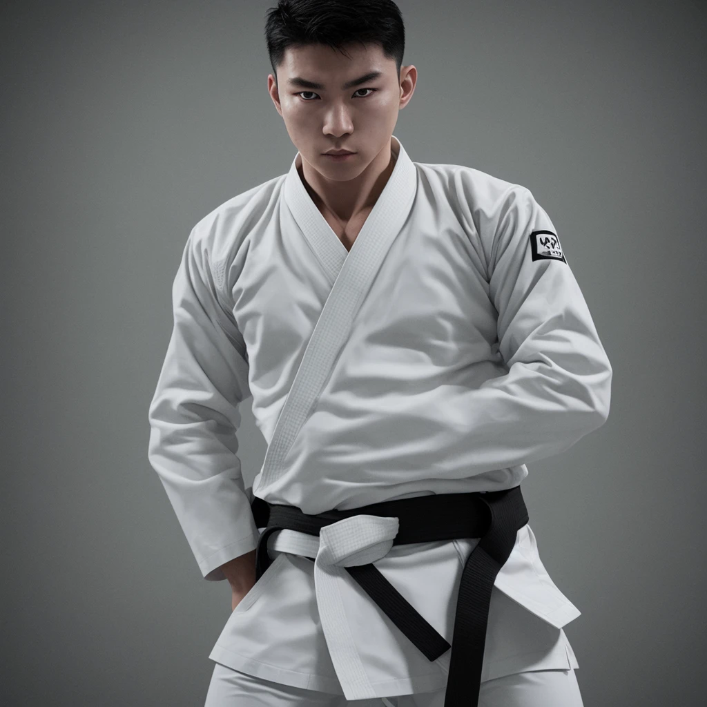White uniform、Black Belt、male、Open arms pose、Dark atmosphere、Cinematic