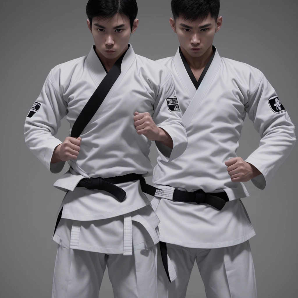 White uniform、Black Belt、male、Open arms pose、Dark atmosphere、Cinematic