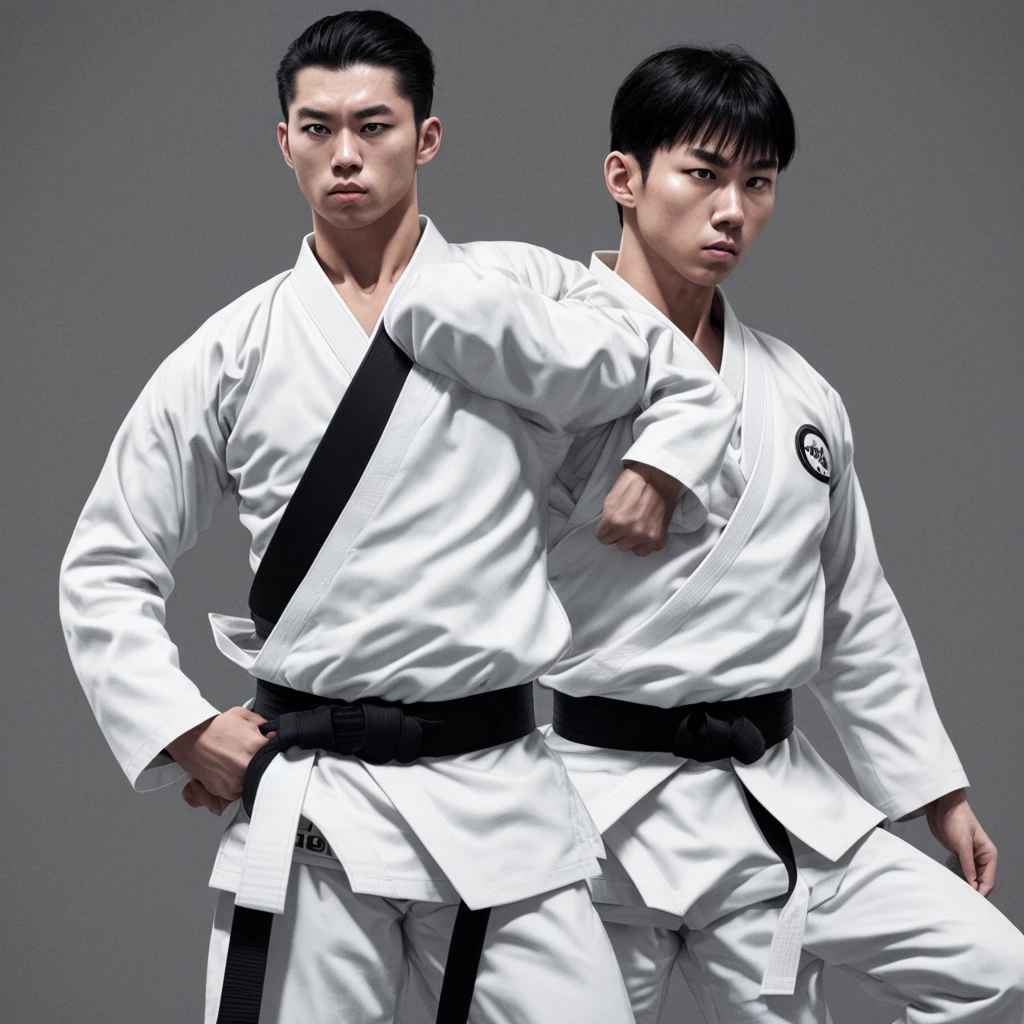 White uniform、Black Belt、male、Open arms pose、Dark atmosphere、Cinematic