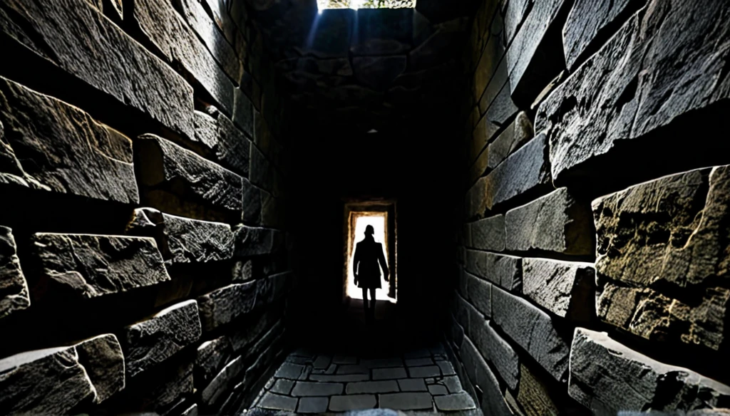 Inside a very dark labyrinth passage made of rough stone flashed a person's shadow