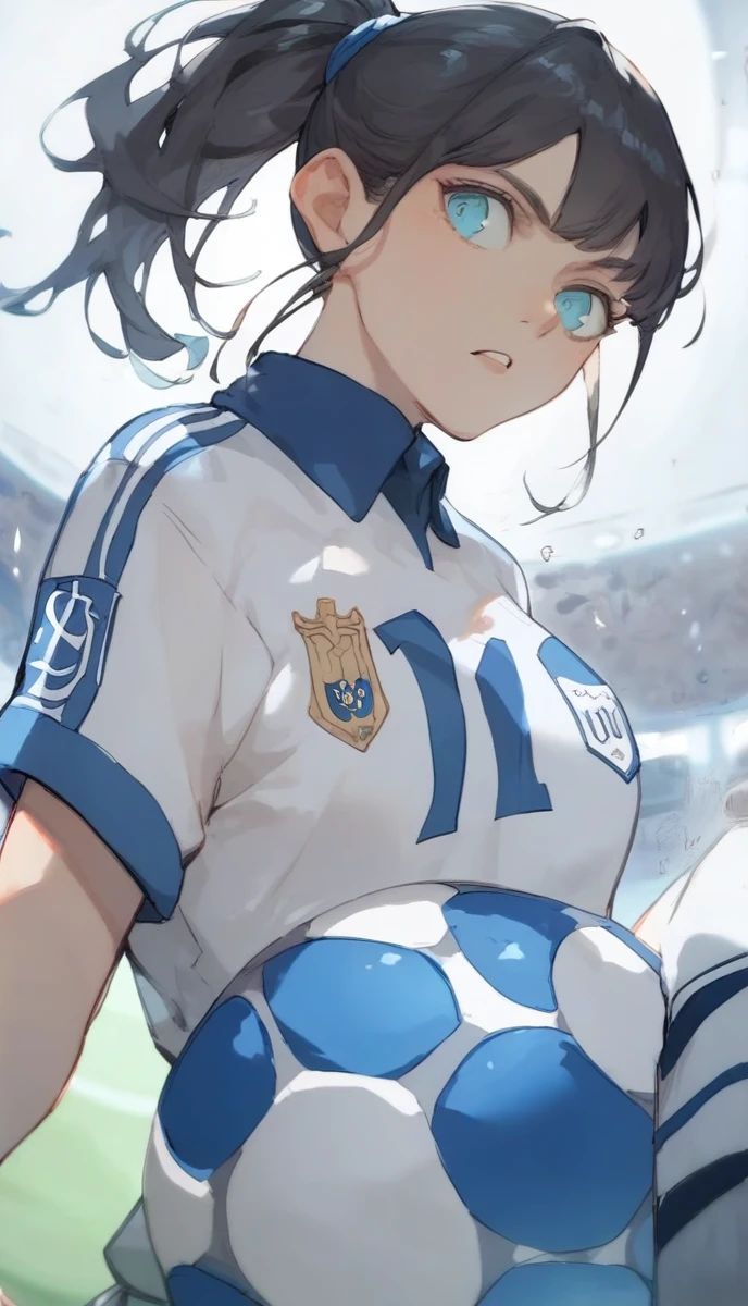 (anime)Women,soccer player,black fur,wide,fringe,collected in a ponytail,clear skin,Light blue eyes,France national team clothing, In a soccer field.