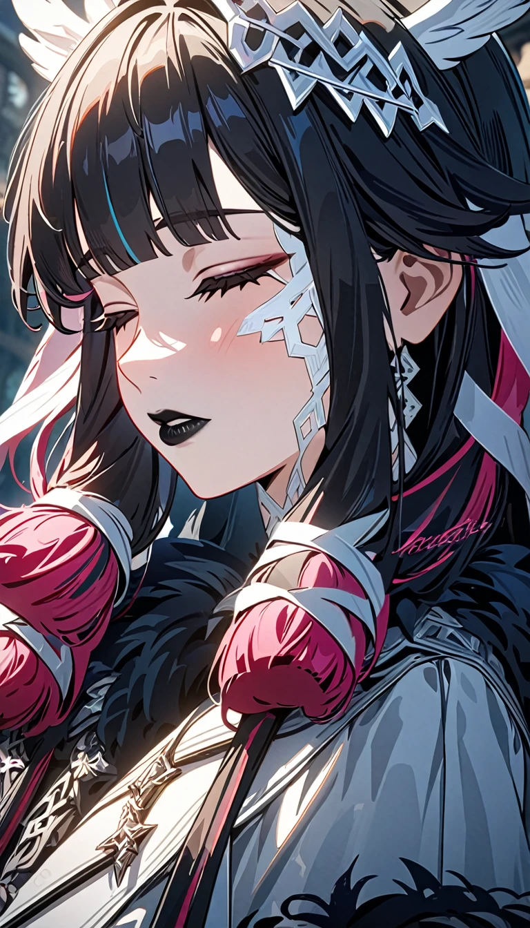 ((masterpiece, best quality)), very aesthetic, ultra detailed, intricate details, highly detailed, UHD, HDR, 8K, perfect face, 1girl, columbina, genshin impact, black lips, closed eyes, black hair, white hair, multicoloured hair, (newest anime art style)