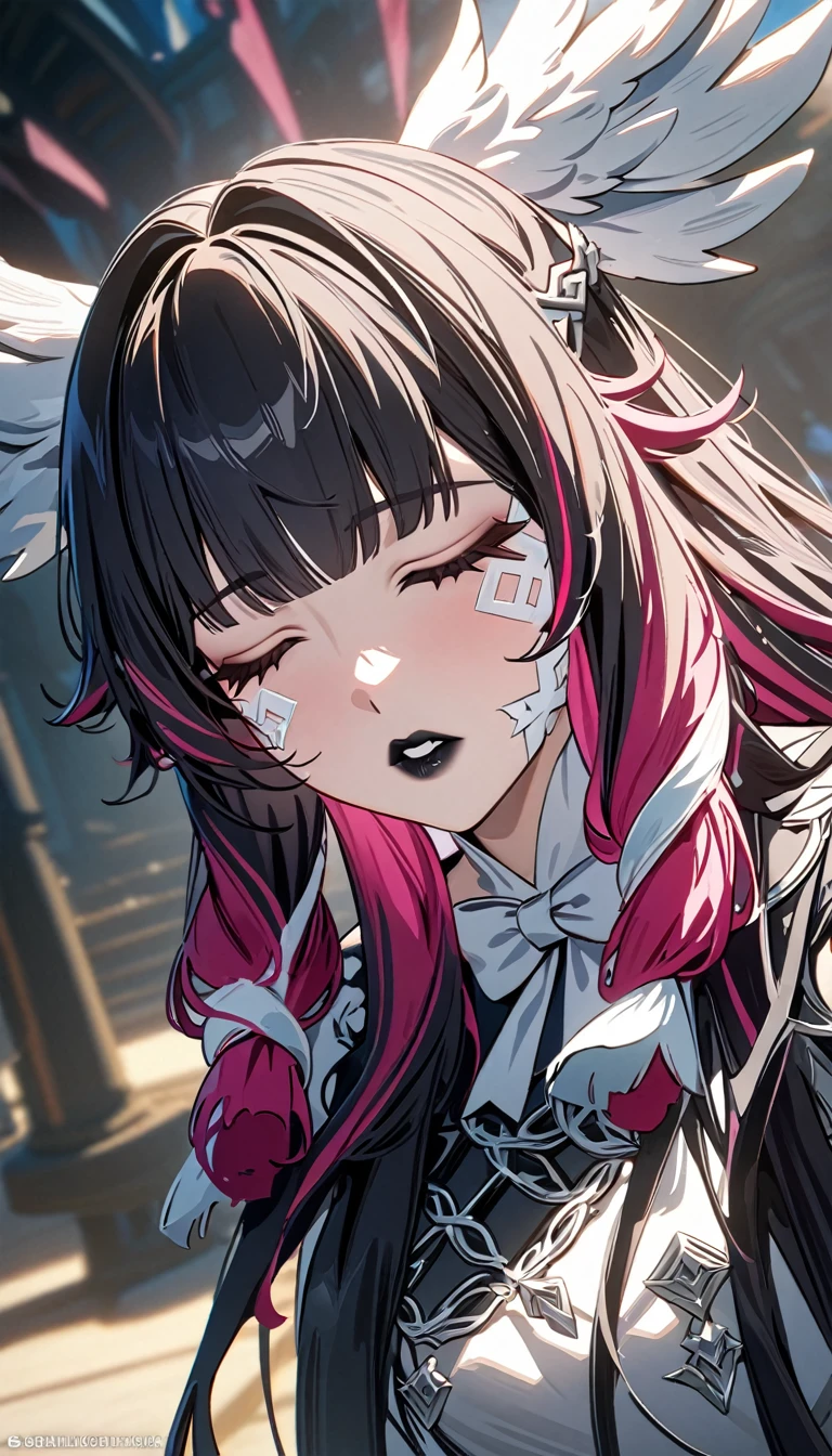 ((masterpiece, best quality)), very aesthetic, ultra detailed, intricate details, highly detailed, UHD, HDR, 8K, perfect face, 1girl, columbina, genshin impact, black lips, closed eyes, black hair, white hair, multicoloured hair, (newest anime art style)