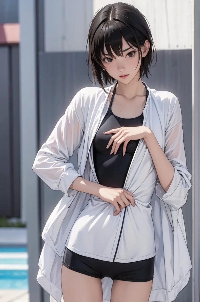 ((masterpiece, best quality)),((highres:1.2)), 1 Girl, solo, Blurred Background, (((Small breasts))), Thighs, (One piece swimsuit), pool, ((hard pose)), short hair