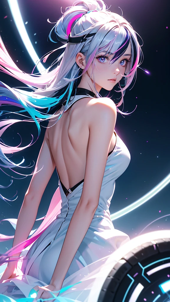 1 girl, 20 year old girl, one person, (Silver blue hair streaked pink purple:1.4), (Gradient sky blue hair ends:1.6), hair strand, absurdly long hair, single sidelock, wavy hair, shiny hair, floating hair, (Illusion deep purple eyes), delicate eyes, aqua eyes, High like real eyes, ((glowing eyes)), makeup, Focus on face, Very detailed facial, hot body, Random environment, Random pose, on the street, looking at the starry night sky, meteor, Technical clothing masterpiece, White extra long skirt, several cross stars beside, Colored lights swirl around the body, (((Extra super huge colorful extra super complex multiple glowing magic circle upright on the back of the head))), cyberpunk, medium shot, realism, chiaroscuro, (glowing light), sparkle, ray tracing, cinematic lighting, Futurism, motion blur, Ultra-Wide Angle, god rays, atmospheric perspective, best quality, UHD, super detail, masterpiece, highres, ccurate, retina