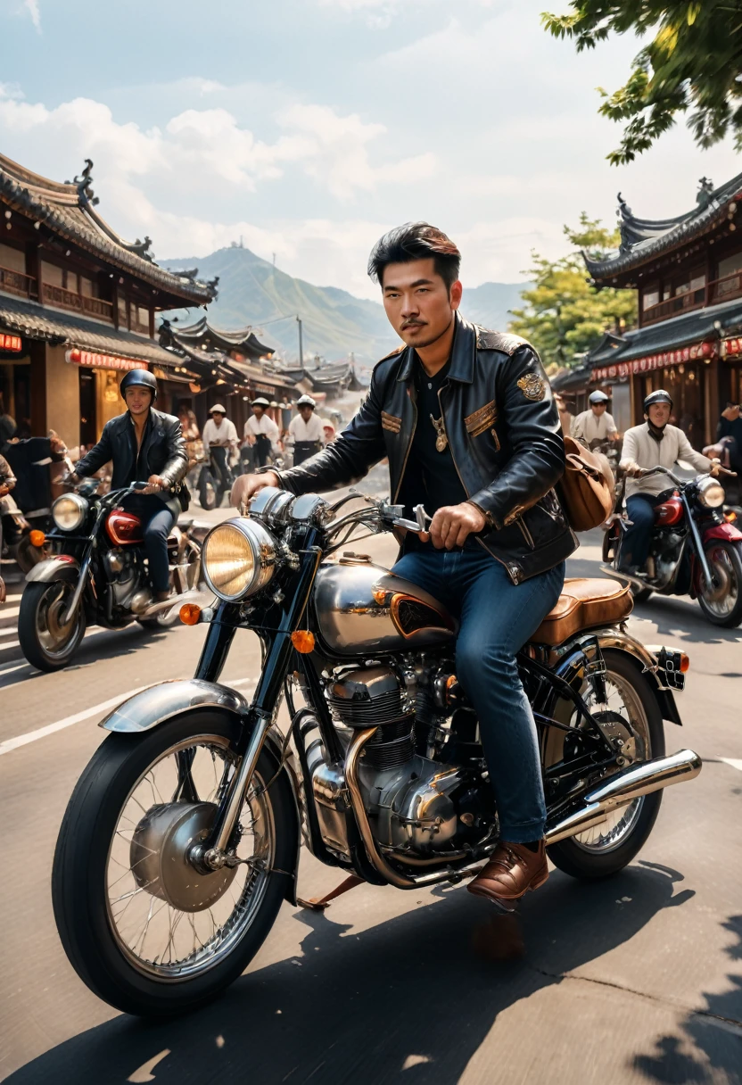 (Motorcycle), At a vintage motorcycle , a rider drives a shiny and intricately detailed 1950s motorcycle, surrounded by his Asian friends, celebrating the beauty of classics. The background is a vintage motorcycle with friends, full body, (Photography), panoramic view, award-winning, cinematic still, emotional, vignette, dynamic, vivid, (masterpiece, best quality, Professional, perfect composition, very aesthetic, absurdres, ultra-detailed, intricate details:1.3)