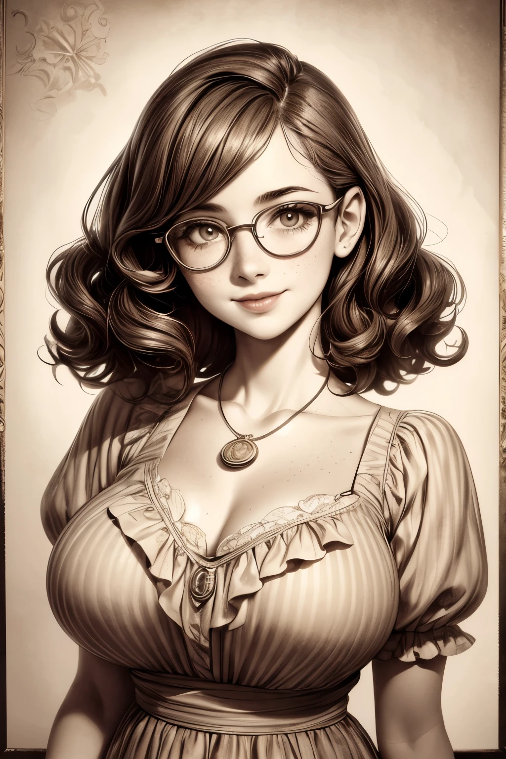 (masterpiece), best quality, expressive eyes, perfect face, Artwork, best quality, ultra-detailed, 1girl, short hair, 1930s vintage poster, monochrome dress, vintage color palette, curly hair, hand drawing art, dress with ruffles, smiling smile, freckles on face, cute smile, ((old photo effect)), large breasts, ((sepia effect)), breasts larger than head, ((portrait in a medallion)), ((locket)), ((pic in locket)), pov hands, ((portrait in round medallion)), photo of a woman in a locket, drawning concept design, signature at the bottom of the photo, Initials T.J in signature, face profile photography, round glasses, flashy neckline, face profile photography, lipstick in pic, gigantic breasts, massive breasts