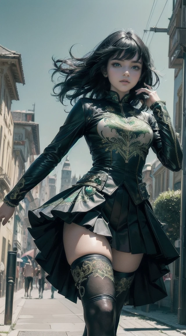(masterpiece, Top quality, best qulaity, offcial art, beautiful and aesthetic: 1.2), (1 very young girl), extremely detail, (Fractal art: 1.3), colourful, Highly detailed, (jet-black hair), (green eyes), black leather cheerleader uniform,