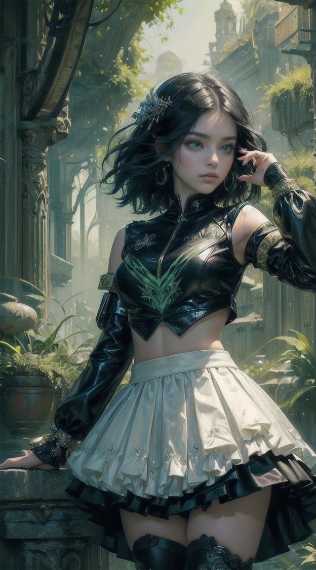 (masterpiece, Top quality, best qulaity, offcial art, beautiful and aesthetic: 1.2), (1 very young girl), extremely detail, (Fractal art: 1.3), colourful, Highly detailed, (jet-black hair), (green eyes), black leather cheerleader uniform,
