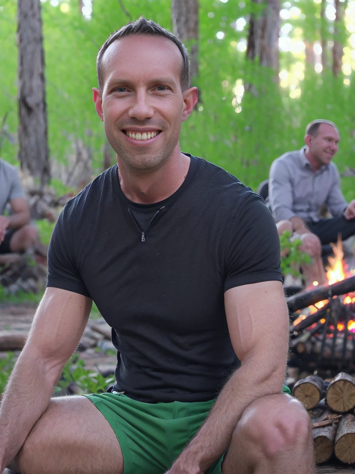 a man, Todder8, Todder1 short hair, perfect skin, RAW, UHD, 8K, looking at camera, sitting on a log next to a camp fire, vacation photography, night forest, brown_sweatshirt, photorealistic, dynamic lighting, dark lighting fireside glow, [smiling]