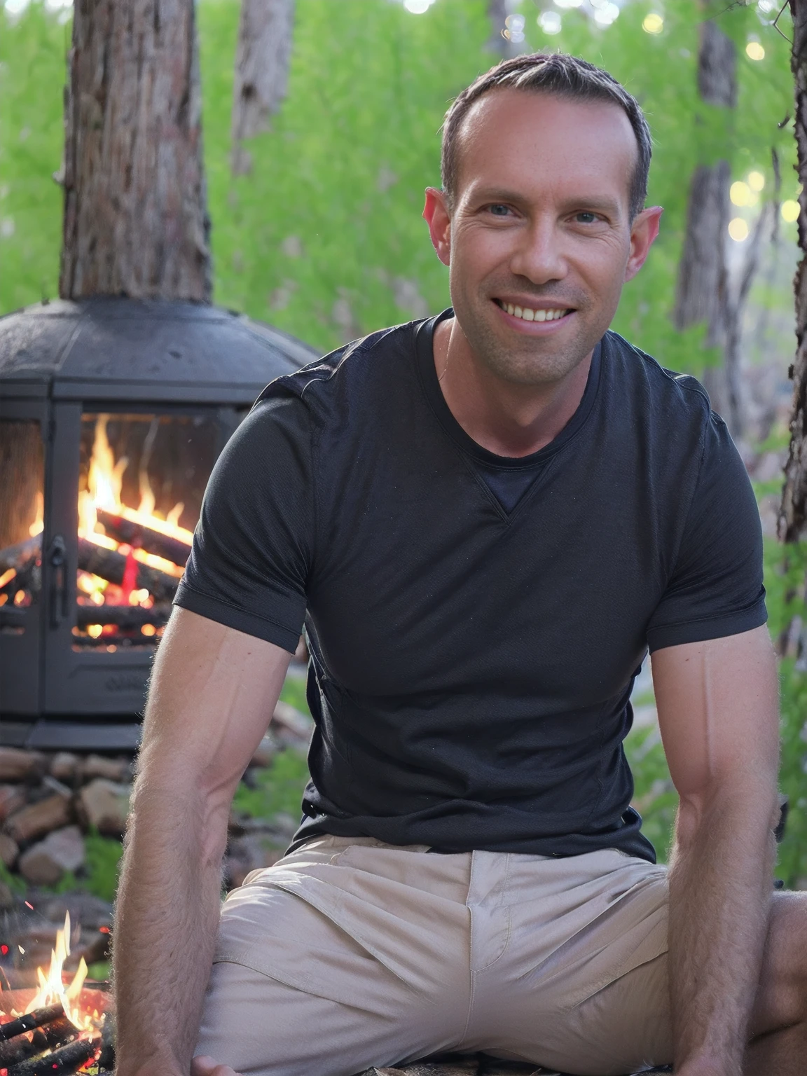 a man, Todder8, Todder1 short hair, perfect skin, RAW, UHD, 8K, looking at camera, sitting on a log next to a camp fire, vacation photography, night forest, brown_sweatshirt, photorealistic, dynamic lighting, dark lighting fireside glow, [smiling]