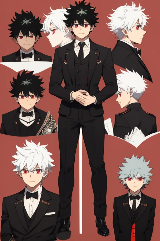 Izuku Midoriya character sheet from My Hero Academia, Vampire, incubus, red eyes and white hair, bat wings, black clothes, black steampunk pants, red shirt, black vest, pale skin. Looking directly at the viewer