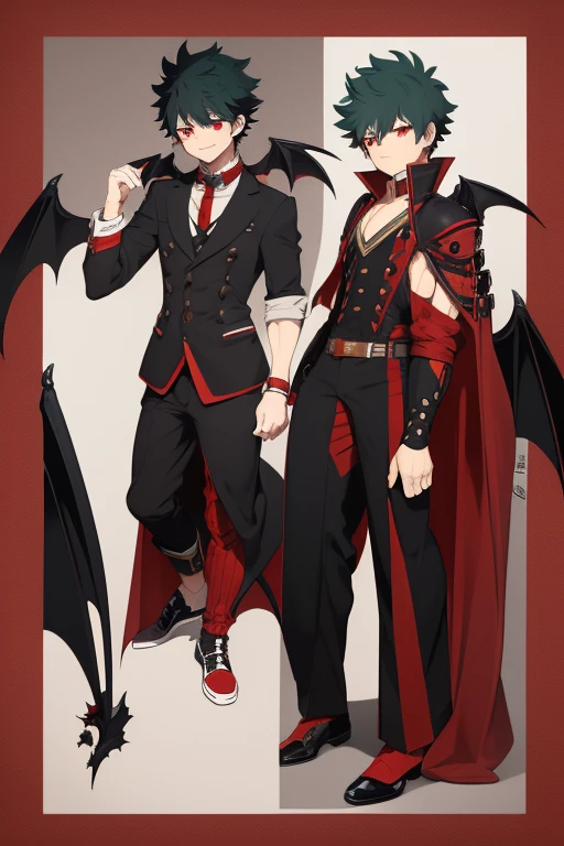 Izuku Midoriya character sheet from My Hero Academia, Vampire, incubus, red eyes and white hair, bat wings, black clothes, black steampunk pants, red shirt, black vest, pale skin. Looking directly at the viewer