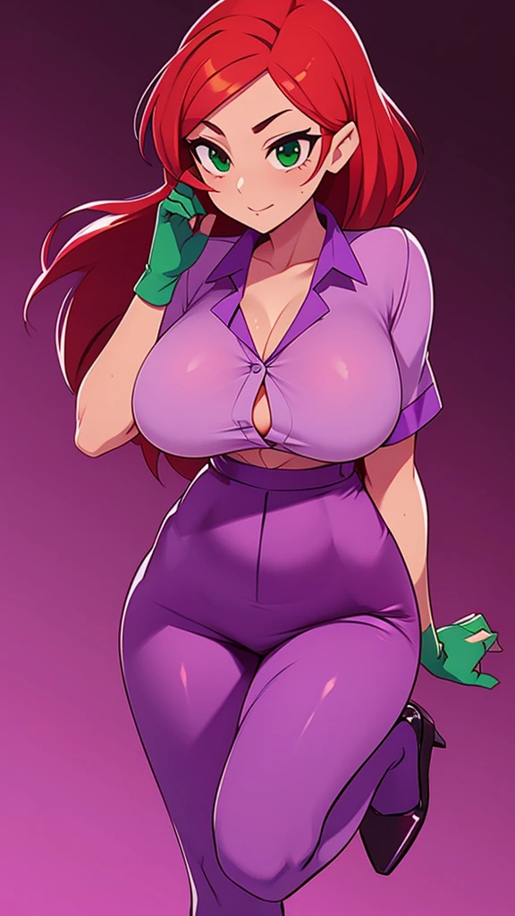 An attractive sexy hex girl with a big breast wears red hair, a tousled cut, her green eye, wears a purple button-down office shirt and long purple skirt pants, a black heel. 