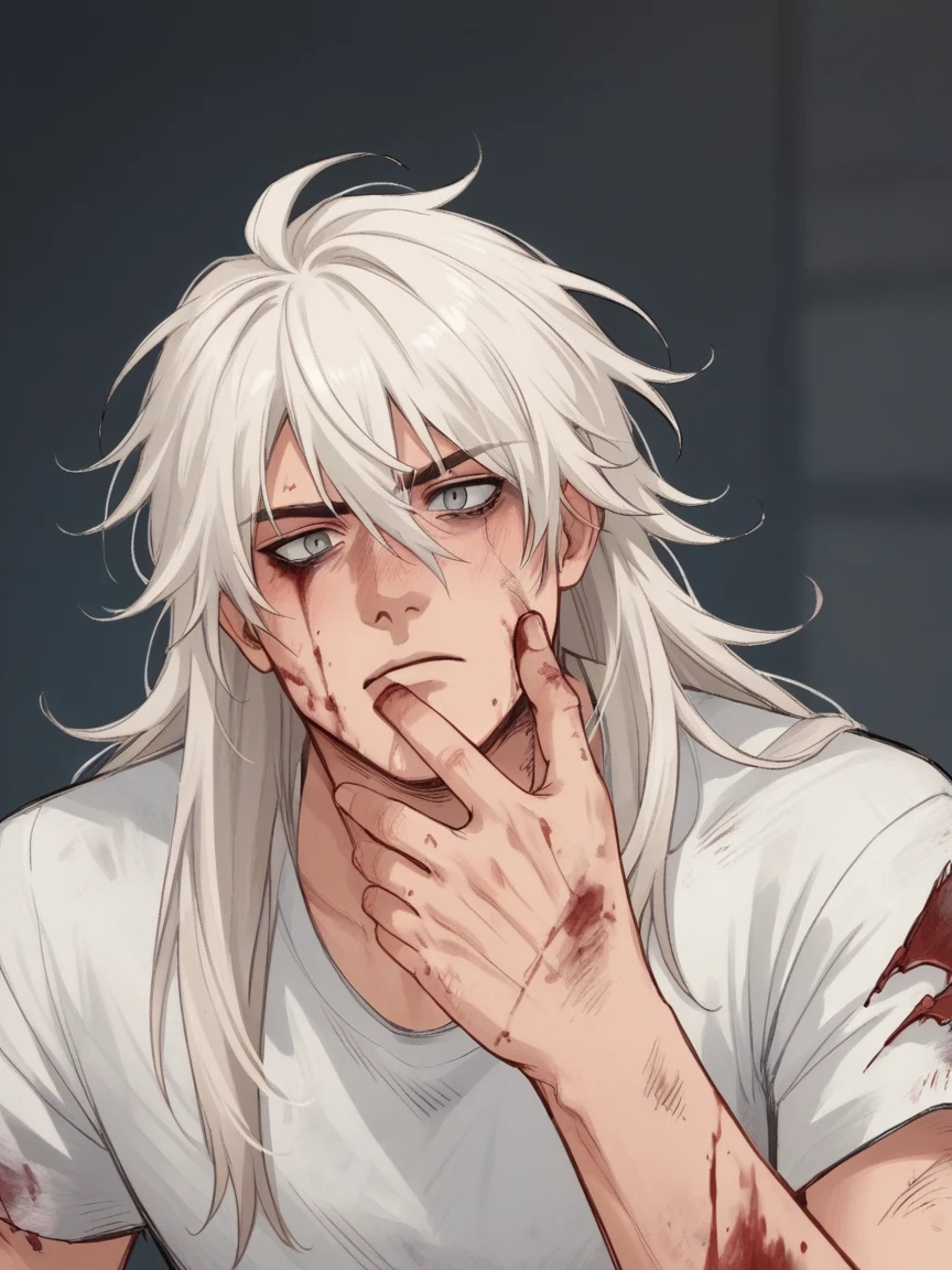 score_9, score_8_up, score_7_up, score_6_up, score_5_up, score_4_up, wh33z13, 1 men, grey-eyed, White hair, long hair,huge scar on left eye, burn, julho1ch3,