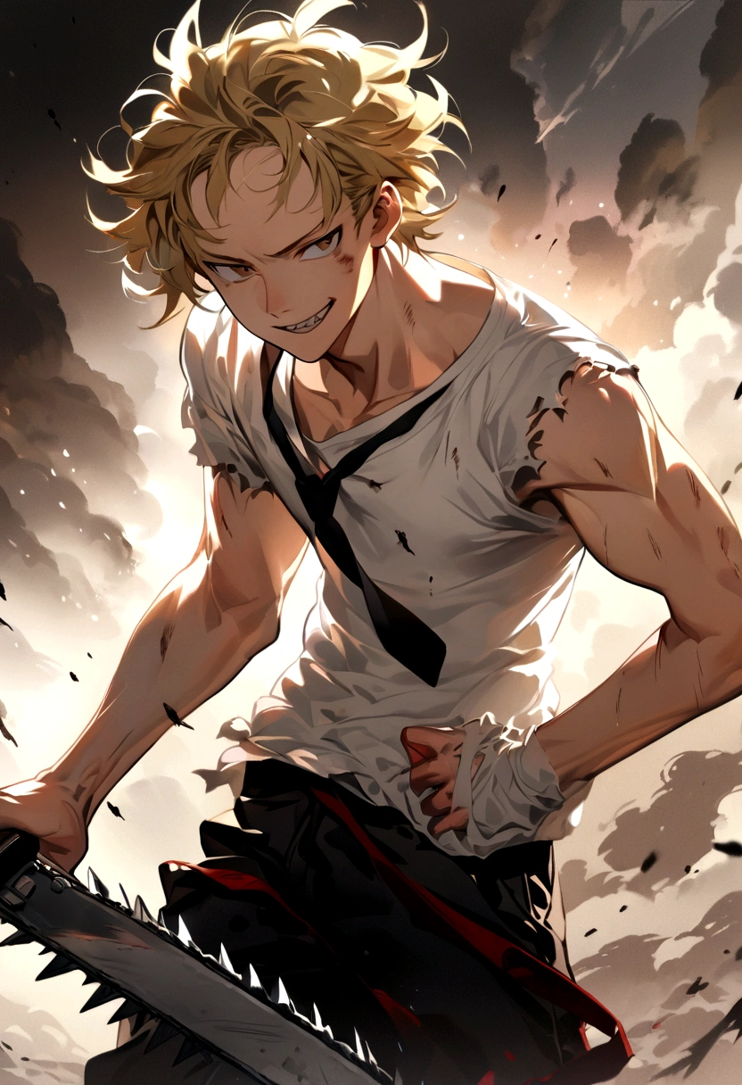 A young man with an angular face smiling with his pointy teeth. His blonde hair is disheveled and often falls over his forehead in a messy manner., reflecting a sloppy style. Their brown eyes often convey a mixture of determination and tiredness., with an expression that varies between firm resolve and vulnerable innocence. He has a slim physique, but athletic, indicating a life of physical challenges and battles. His clothes consist of a crumpled and bloody white shirt., a loosely tied black tie and dark pants, all often torn and dirty , he wears white and red All-star sneakers , wielding a chainsaw sword in his left hand.