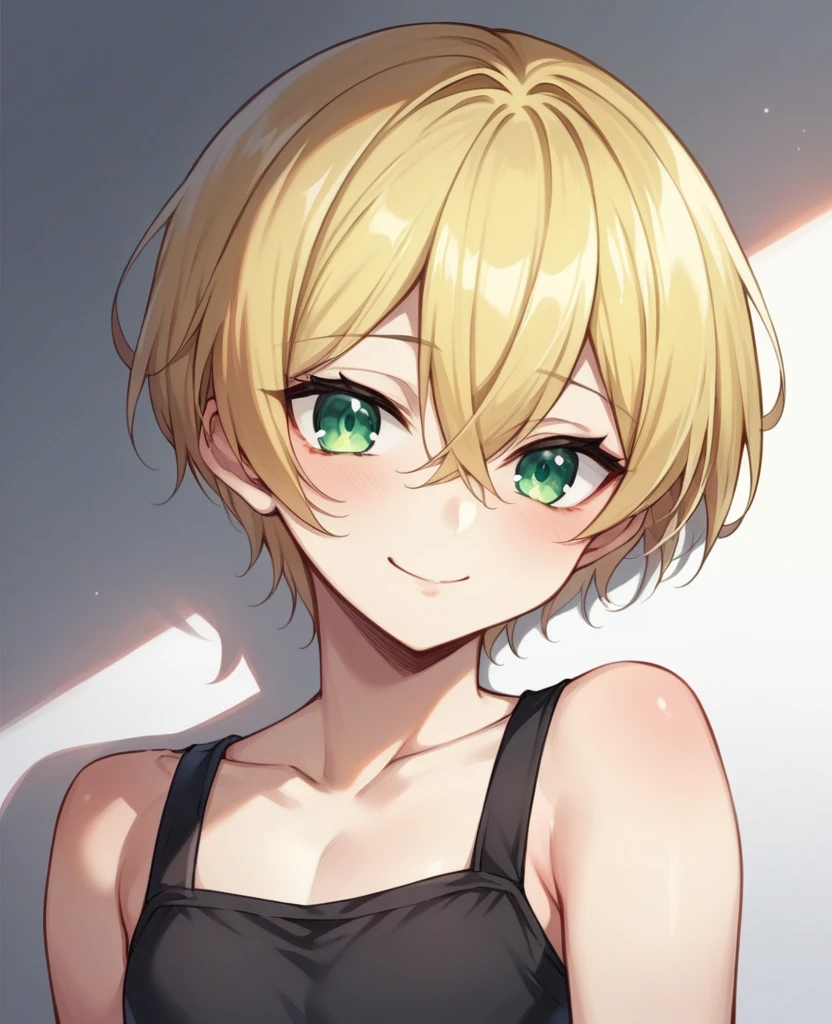 （One girl）、((short hair))、((Blonde))、（Sato Air）、((boyish))、Crossdresser、((flat chest))、green eyes、Fantasy、Black muffler、Black shirt、((hairs between eyes))、light smile