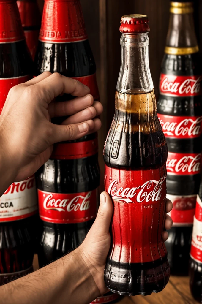 a bottle of coca cola set on fire at the tip of the bottle while its label says "MOLOTOV" with the typography of the coca cola company, the bottle is held by the hand of a protestant. Realistic