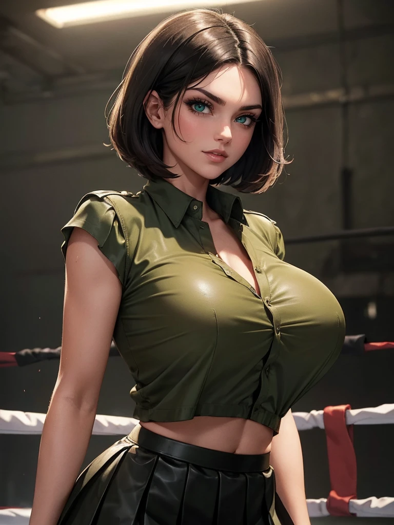 (masterpiece, best quality:1.4), (8K), Young  muscular raven-haired beauty, (((18 years old, mean girl))), detailed green eyes, long eyelashes, blush, evil smile, upper body, covered large breaslive green leatherr shirt, buttoned up)(pleated leather skirt)), (from side), (looking at viewer), beautiful jet-black hair, tan-skinned, short straight hair, (huge breasts), (firm reasts), (breasts jutt from chestrally), (abandoned factory boxing ring, beautiful),