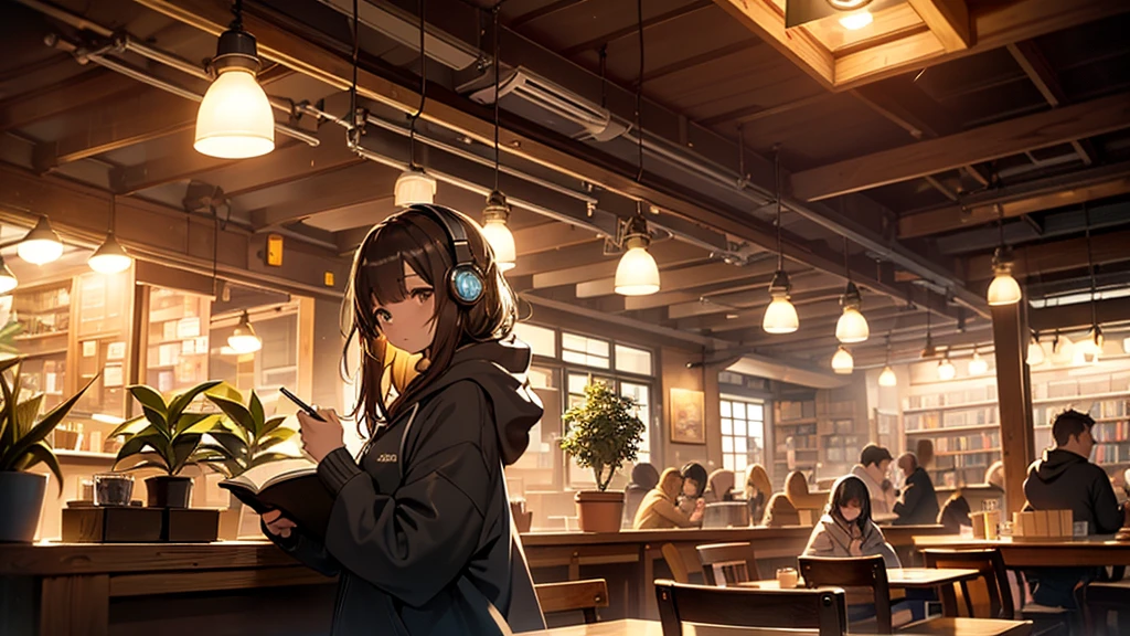 「A cozy corner of a cafe at night with a big window showing city lights. Inside, a young woman in a hoodie sits at a wooden table scribbling in a notebook, wearing large headphones. Warm yellow lighting, steam rising from a coffee cup, and a calm, relaxed atmosphere. Background details include small plants, books, and artworks.」