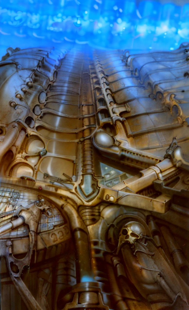 g1g3r, 0f1g, Giger_style, Giger_style, The image is a detailed view of H.R. Giger's \" biomechanical landscape V\" plate,
The tableau depicts a close-up of a group of ivory objects resembling skulls and skeletons, some of which have signs of decay.
The painting is a nightmarish biomechanical scene. In the center of the composition is a chessboard with several chess pieces scattered around it. The background is filled with biomechanical pipes and tubes. The overall feel is one of decay and desolation.
Giger’s signature artistic style, biomechanical surrealism, is on full display in this piece. Biomechanical surrealism combines human anatomy with machines. The skeletal figures in the painting are fused with mechanical parts, creating a disturbing and unsettling effect.
Here’s a more detailed description of the composition:
In the center foreground is a metallic chessboard with several metallic chess pieces scattered around it.
To the right of the chessboard is a skeletal figure hunched over tribune.
The art performance showcases the artist’s skills in observation and rendering. The level of detail in the piece suggests a close study of real bone specimens and anatomy. The artist has skillfully used shading techniques to create a convincing illusion of three-dimensionality on a flat surface.The wrinkles and cracks in the surface, and the cast shadows with accuracy, used shading techniques to create a realistic depiction of light and shadow on the objects. This creates a sense of depth and dimension in the image
The style is clearly biomechanical. Features combination of organic and mechanical forms. Mechanical elements dominate the composition, there are subtle organic hints. The use of undersaturated purple-grays dark contrasts creates a stark and graphic look. Is used a variety of linework techniques to create different textures. Fine, parallel lines create a smooth, metallic texture,while thicker, more cursive lines suggest cables or wires. Machine fills mo