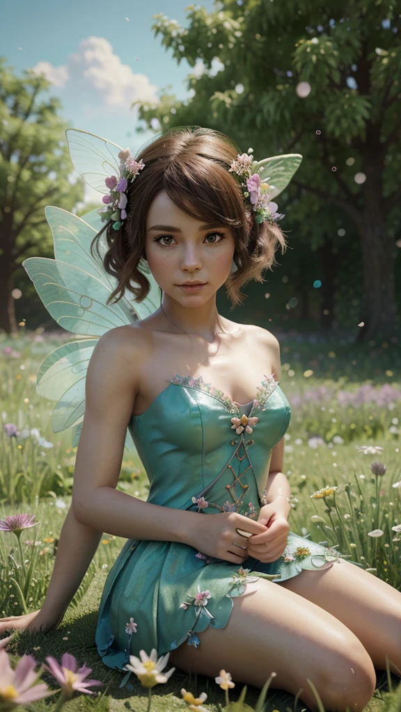 a close up of a fairy sitting in a field of flowers, stunning 3d render of a fairy, pixie character, portrait of a fairy, beautiful fairy, portrait of fairy, magical fairy background, beeple and jeremiah ketner, space flower fairy, cute 3 d render, faerie, adorable digital painting, beautiful render of a fairytale