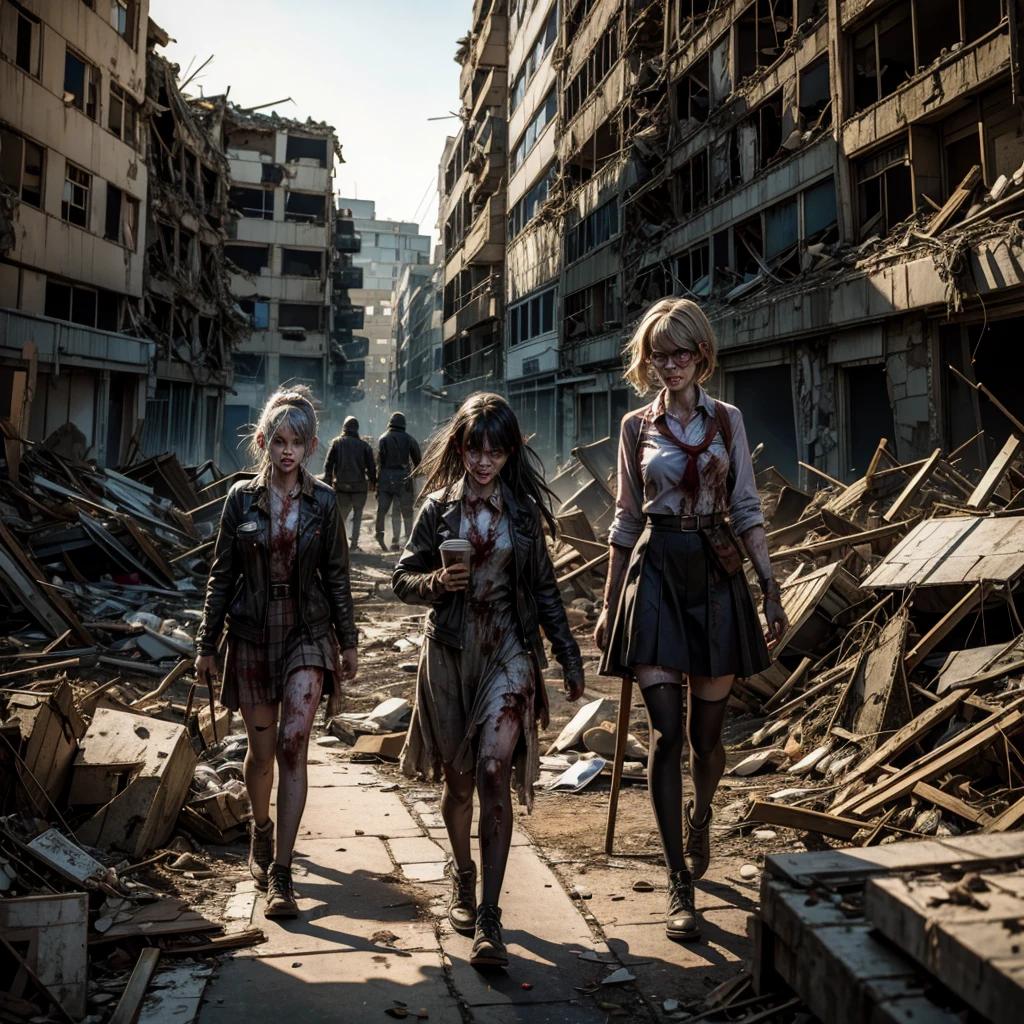 Some nerdy zombie girls wandering through the rubble of a school