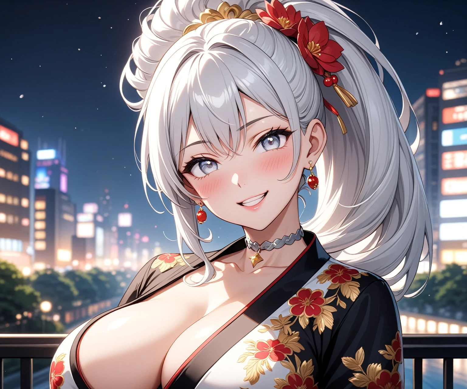 ((One personの女性)), Beautiful Face, Laughing embarrassedly, (laugh:1.2),((Wink:1.9)), (head tilt:1.3), Laugh with your mouth wide open, upper teeth, looking at viewer, ((full-face blush:1.6)),Glossy Red Lips, Night view, High rise building terrace, firework, Glossy red lips, Shining Face, ((Anime style background)),masterpiece, Highest quality, so beautiful,up to date, Complex details, (Pink long nails),(ring),(bracelet),(Floral choker),AI-generated, Complex,High resolution, Highest quality, super high quality,3D Images、3D Images, One person, Long white hair, High Ponytail, Anime woman posing for a photo, (blue eyes), ((Fine grain、Silvery white, lightly pigmented eyes、Shining Eyes:1.5)), (Squint your eyes:1.1),a hyperRealistic , hyperRealistic , Realistic,Anime woman with long white hair, Smooth anime CG art, (A woman in a colorful kimono with gold embroidery), ((Black long sleeve kimono)),(Red floral pattern),Long flower hair ornament,Earrings,Mature Body,(Big Breasts:1.1),Tall,Abdominal muscles,Tight waist,(face focus:1.2), (front view),