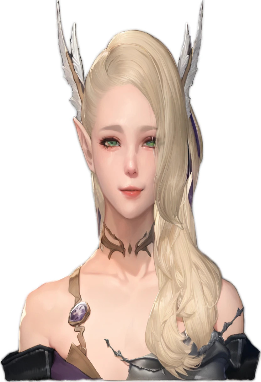 ((masterpiece, Highest quality)),One Girl、 Detailed face, Esbian all over, Full of details, Very detailed,Close-up of a woman with long blonde hair in a dress, Lineage 2 Revolution Style, Final Fantasy 14 Style, Female Elf, elven character with smirk, I will, Female Characters, (((gone crazy))) Elf Princess, Elf Girl, Lalafell, From System 2, FF14, Pale milky porcelain skin, Elf portrait