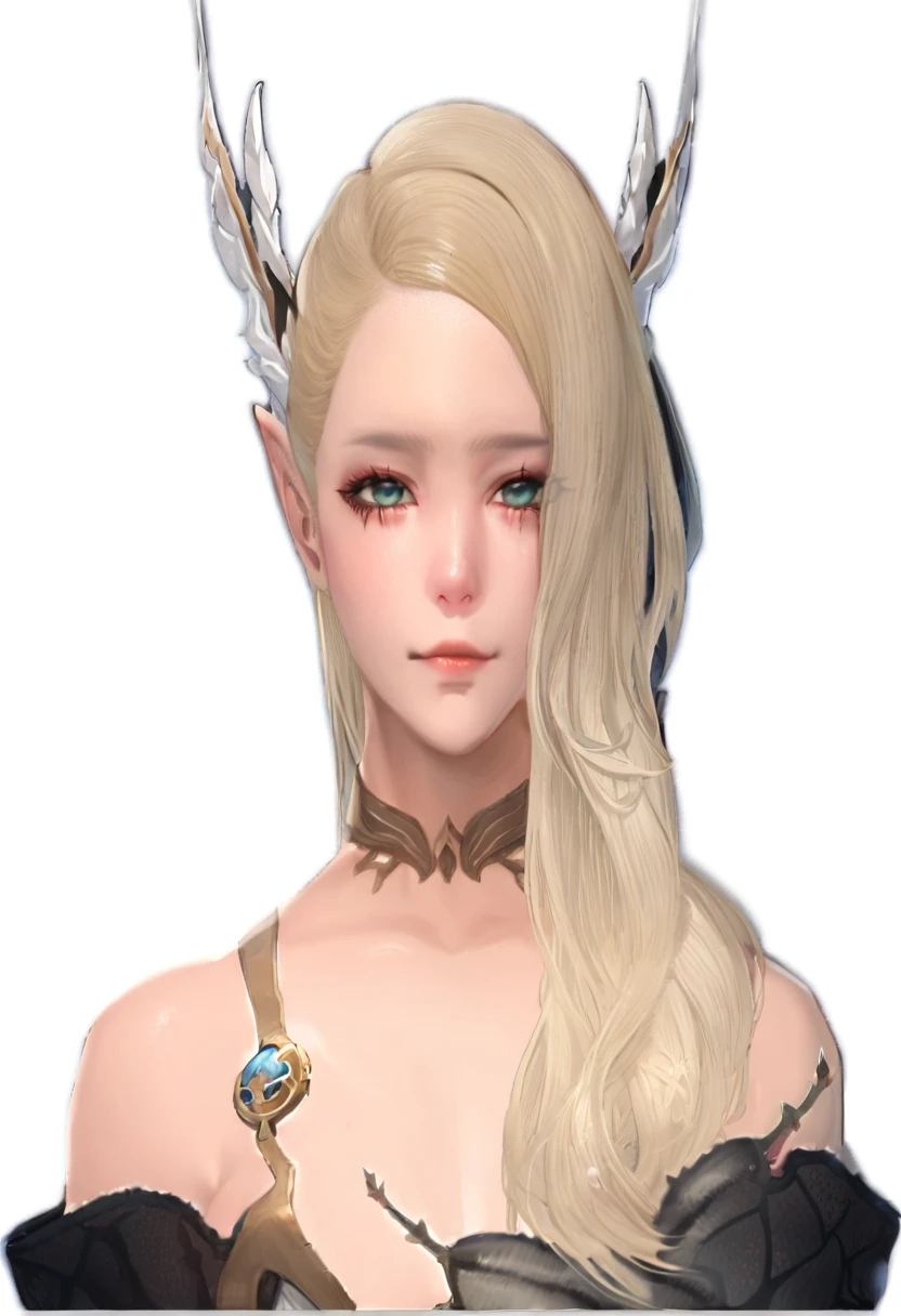 ((masterpiece, Highest quality)),One Girl、 Detailed face, Esbian all over, Full of details, Very detailed,Close-up of a woman with long blonde hair in a dress, Lineage 2 Revolution Style, Final Fantasy 14 Style, Female Elf, elven character with smirk, I will, Female Characters, (((gone crazy))) Elf Princess, Elf Girl, Lalafell, From System 2, FF14, Pale milky porcelain skin, Elf portrait