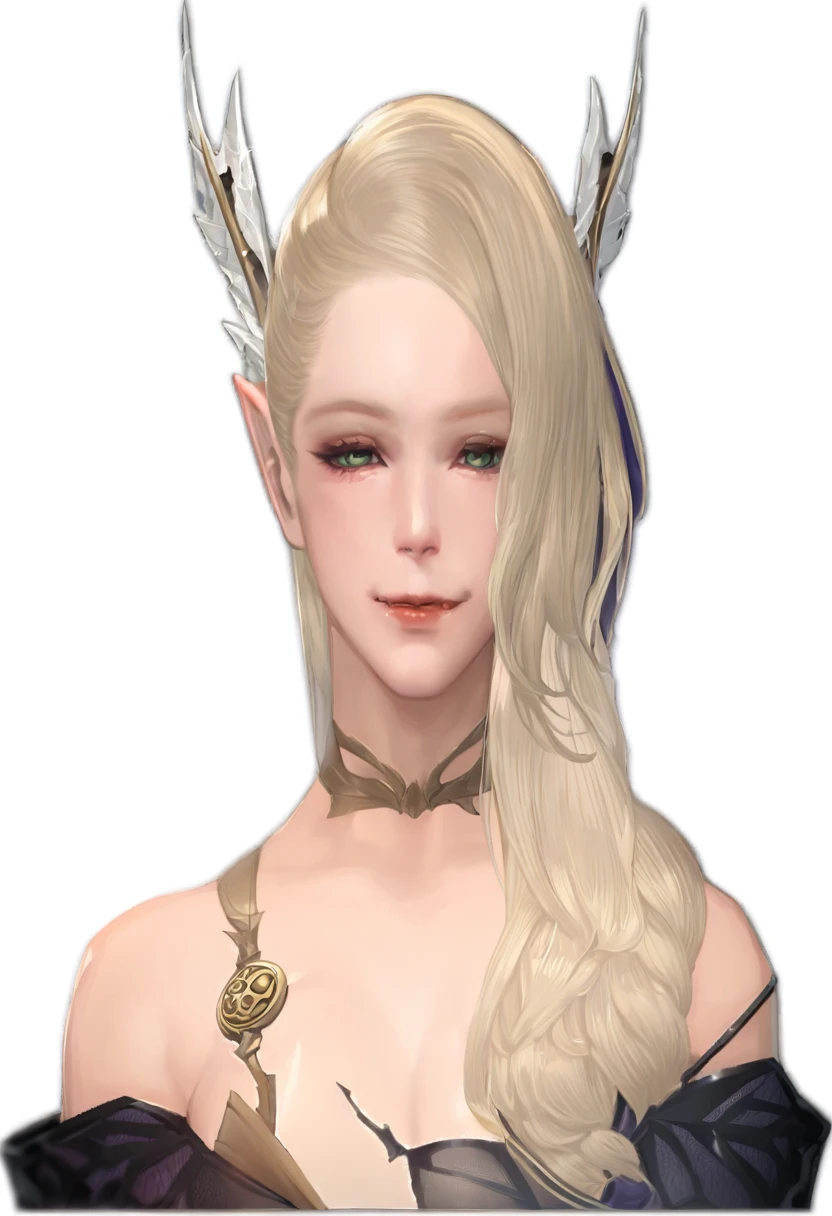 ((masterpiece, Highest quality)),One Girl、 Detailed face, Esbian all over, Full of details, Very detailed,Close-up of a woman with long blonde hair in a dress, Lineage 2 Revolution Style, Final Fantasy 14 Style, Female Elf, elven character with smirk, I will, Female Characters, (((gone crazy))) Elf Princess, Elf Girl, Lalafell, From System 2, FF14, Pale milky porcelain skin, Elf portrait