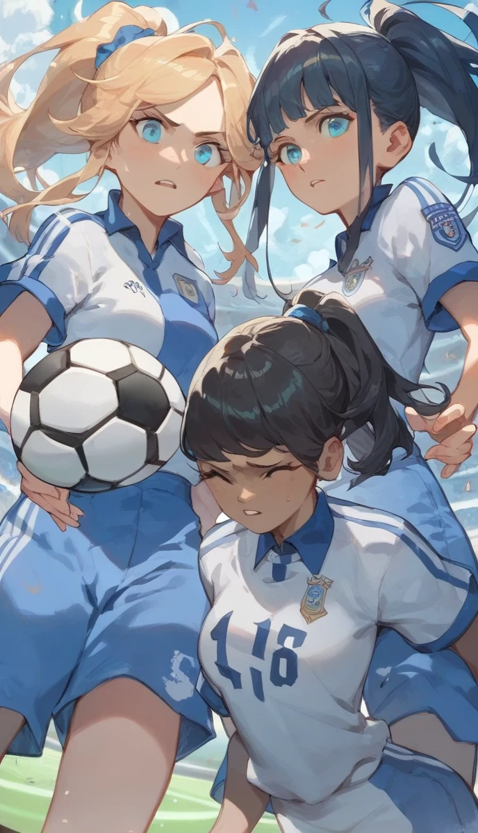 (cheered up)Women,soccer player,black fur,wide,fringe,collected in a ponytail,clear skin,Light blue eyes,France national team clothing, In a soccer field.