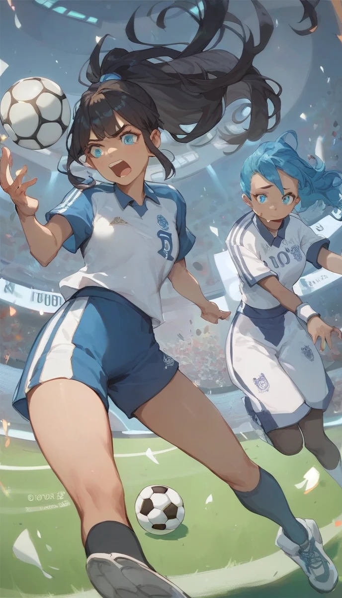 (cheered up)Women,soccer player,black fur,wide,fringe,collected in a ponytail,clear skin,Light blue eyes,France national team clothing, In a soccer field.