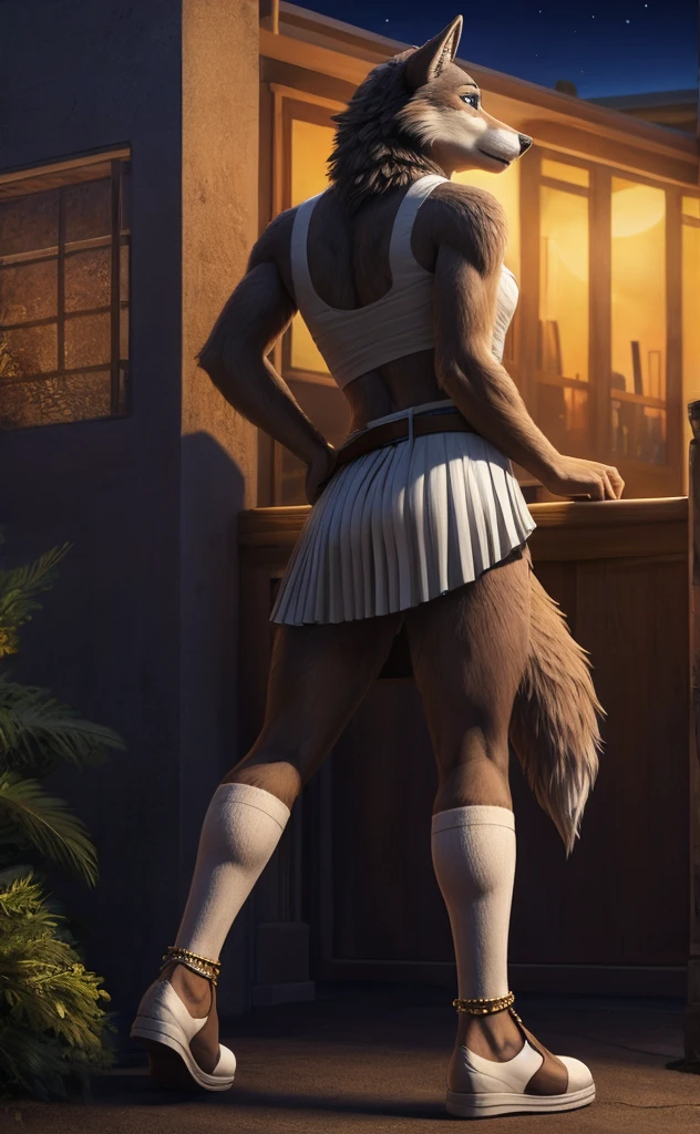 Juno is a gray wolf with curled brown fur and blue eyes. She is wearing her a long pleated white skirt decorated with two light white horizontal lines near the hem, a thin tan belt, white anklet socks, and black Mary Jane shoes. anthro wolf, female, adult, brown fur, buffed body, tail, sexy, beefy body, furred body, furry chest hair, realistic, full body, photorealistic, ultra realistic, 8k, night, bare-chested, in back turned posing, sexy butt 