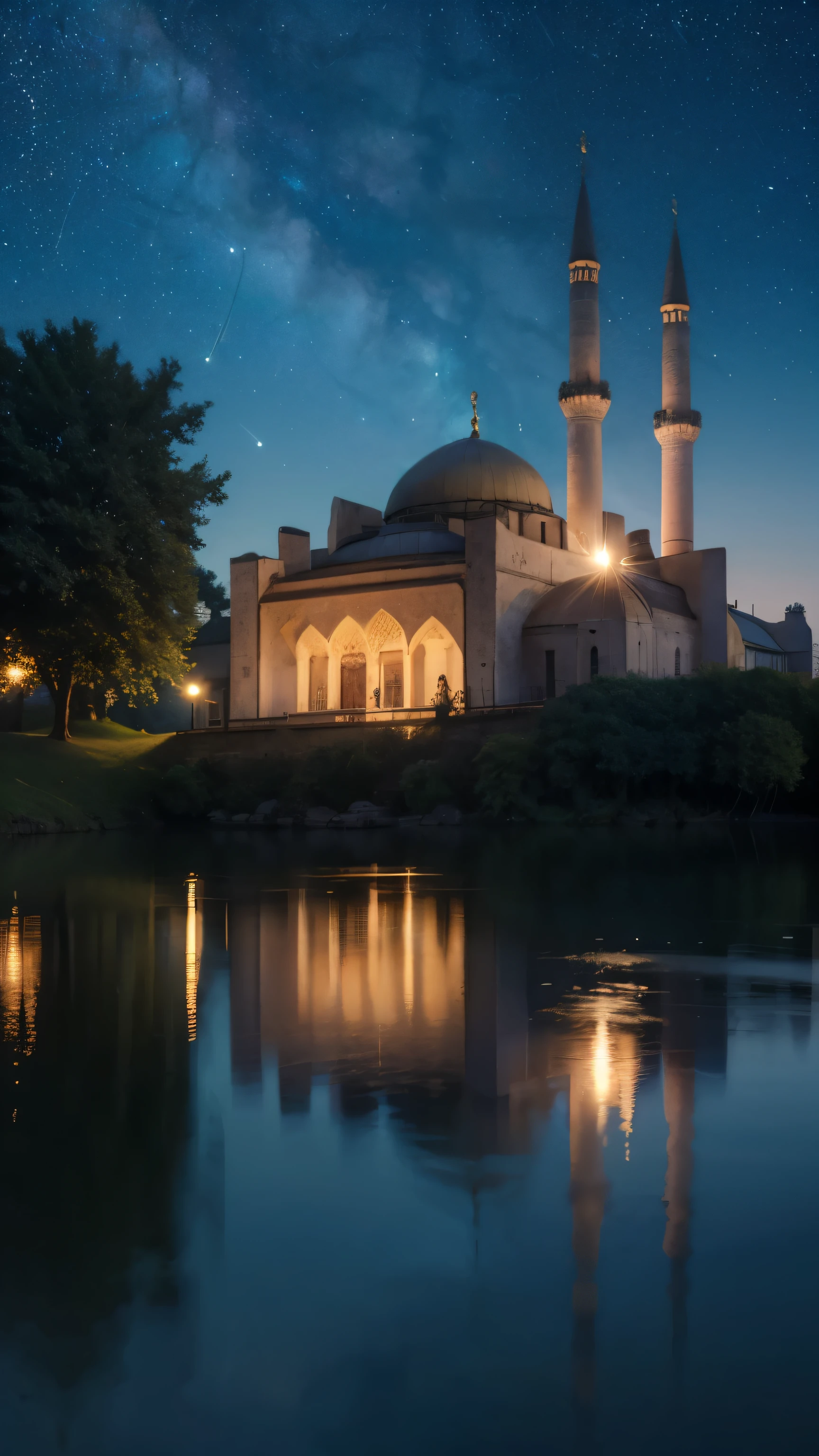 mosque, beautiful, exterior, trees, sexy girl, river, night, (((stars in sky)))