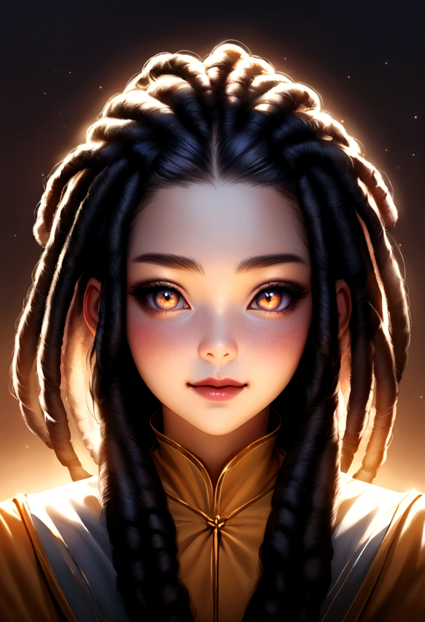 Realistic photo of a girl named Ririan, 22 years old, with beautiful large honey-colored eyes. She has thicker and expressive eyebrows. Her hair is curly internally with dreadlocks at the ends, giving a unique and distinctive style. The lighting is soft, highlighting her facial features and the texture of her hair. Her expression is friendly and confident, capturing her vibrant and warm personality. The background is neutral to focus entirely on Ririan's features.