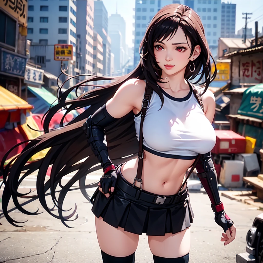 (best quality, masterpiece:1.4), (ultra high resolution:1.4), 8k illustration, extremely detailed, 3D, (realistic:1.45), (photo realistic:1.47), soft focus, blurry background, a Japanese woman, 7rtifa, incredible beautiful woman, extremely delicate and beautiful woman, solo, cute and pretty face, elegant, gentle, neat, red eyes, puffy lips, low-tied long hair, big jiggly breasts, clear and fair skin, perfect figure, earrings, white crop top, suspenders, pleated miniskirt, black thighhighs, arm guards, elbow gloves, fingerless gloves, standing, both hands on hips, gentle smile, (in the slum:1.3), (cowboy shot), (shot from diagonally front), groped from behind by a perverted male, tits being squeezed, nude visable breasts, spread legs, tits being pinched by pervert