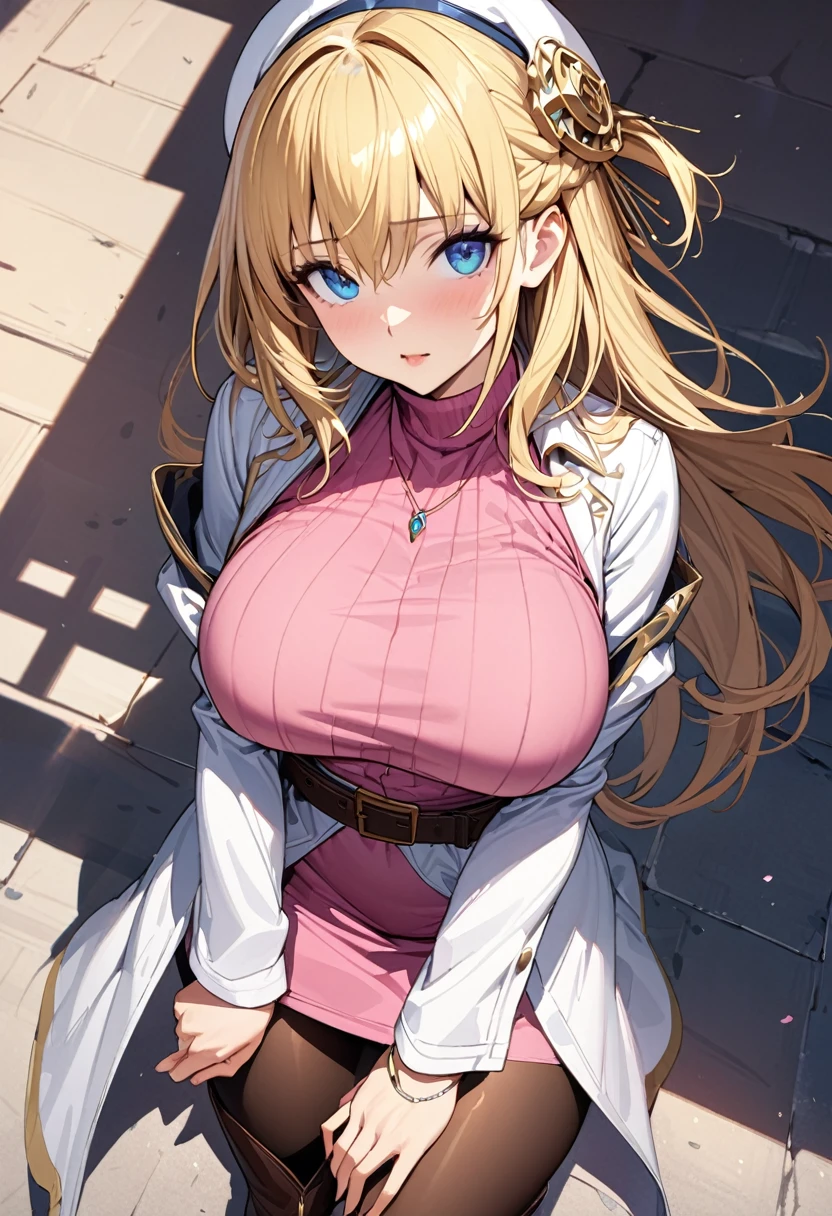 (masterpiece),(Highest quality),(Super detailed),(Best illustrations),(Best Shadow),(Absurd),(Detailed Background),(so beautiful), Agnes Claudel, Blonde, Long Hair, blue eyes, Large Breasts, hair ornaments, beret, White coat, pink turtleneck dress, necklace, belt, Pink Skirt, pantyhose, Brown boots, Thigh-high boots,