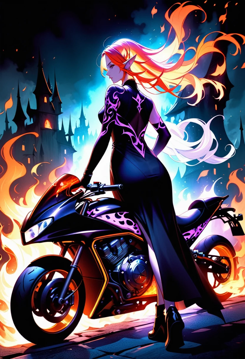 Arafed, Dark fantasy art, fantasy art, goth art, a picture of a of a tattooed female elf near her (motorcycle: 1.5), the tattoo is vivid, intricate detailed coming to life from the ink to real life, GlowingRunesAI_purple, ((fire surrounds the motorcycle: 1.5)), shot taken from the back, ((the back is visible: 1.3), she wears a transparent black dress, the dress is elegant, flowing, elven style, that the tattoos glow, dynamic hair color, dynamic hair style, faize,, Digital Painting