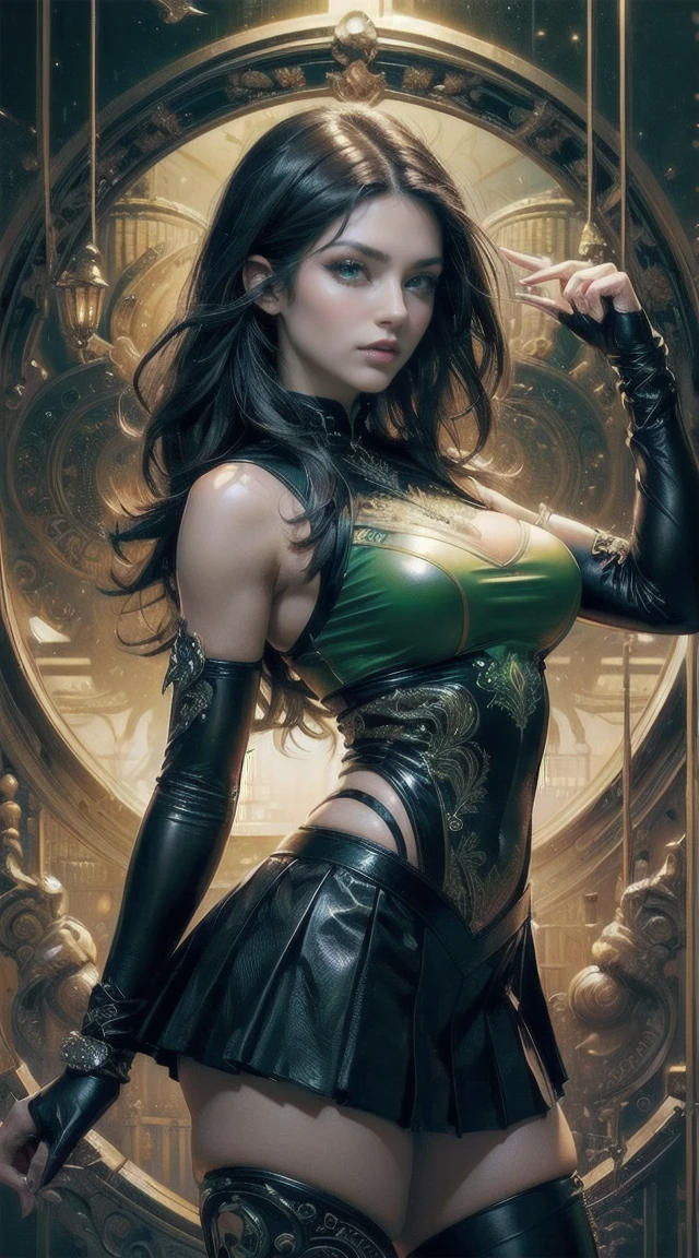 (masterpiece, Top quality, best qulaity, offcial art, beautiful and aesthetic: 1.2), (busty mature woman), extremely detail, (Fractal art: 1.3), colourful, Highly detailed, (jet-black hair), (green eyes), black leather cheerleader uniform,