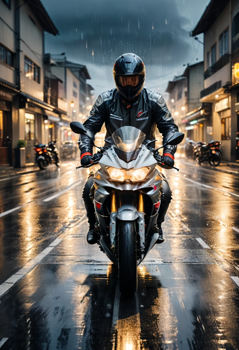 (Motorcycle), In a rain, a rider wearing a waterproof jacket and goggles drove his motorcycle smoothly on a slippery road surface. Raindrops formed silver lines under the illumination of the headlights, creating a peaceful and mysterious atmosphere. The background was a slippery road surface and light rain, full body, (Photography), panoramic view, award-winning, cinematic still, emotional, vignette, dynamic, vivid, (masterpiece, best quality, Professional, perfect composition, very aesthetic, absurdres, ultra-detailed, intricate details:1.3)