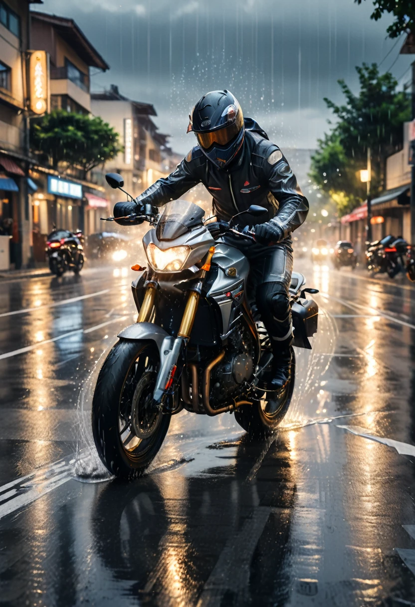 (Motorcycle), In a rain, a rider wearing a waterproof jacket and goggles drove his motorcycle smoothly on a slippery road surface. Raindrops formed silver lines under the illumination of the headlights, creating a peaceful and mysterious atmosphere. The background was a slippery road surface and light rain, full body, (Photography), panoramic view, award-winning, cinematic still, emotional, vignette, dynamic, vivid, (masterpiece, best quality, Professional, perfect composition, very aesthetic, absurdres, ultra-detailed, intricate details:1.3)