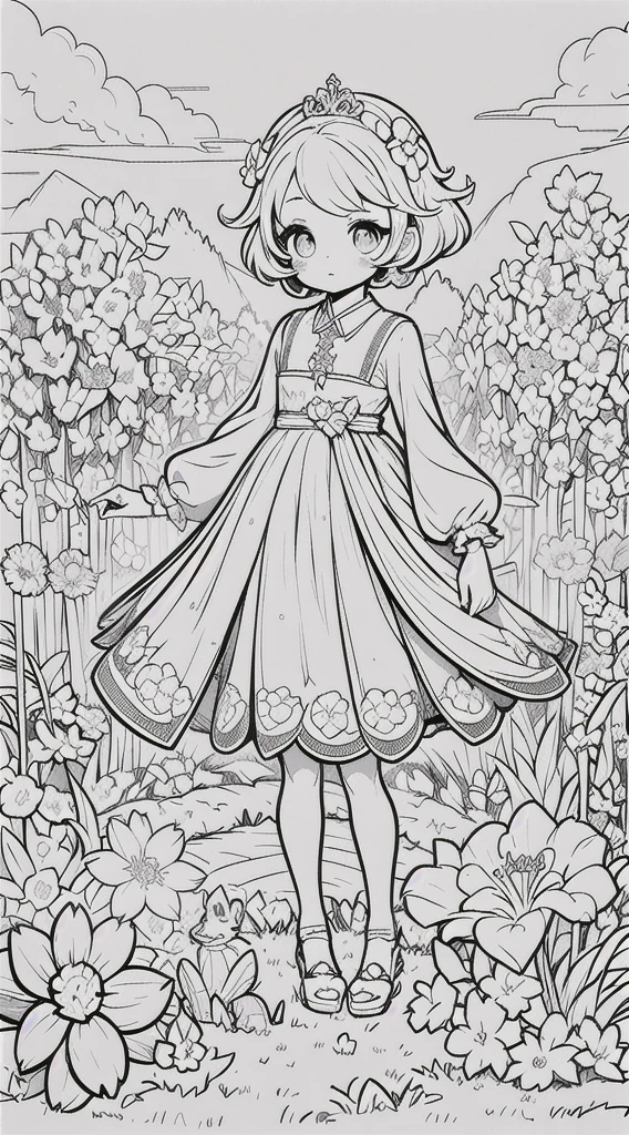 a beautiful girl with short hair, holding a kawaii cat in her arms, standing in a flower garden, full body shot, centered in the frame, (best quality,4k,8k,highres,masterpiece:1.2),ultra-detailed,(realistic,photorealistic,photo-realistic:1.37),line art,black and white art,kawaii princess,girl standing