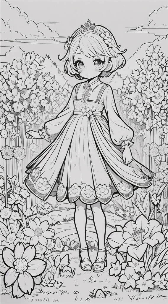 a beautiful girl with short hair, holding a kawaii cat in her arms, standing in a flower garden, full body shot, centered in the frame, (best quality,4k,8k,highres,masterpiece:1.2),ultra-detailed,(realistic,photorealistic,photo-realistic:1.37),line art,black and white art,kawaii princess,girl standing