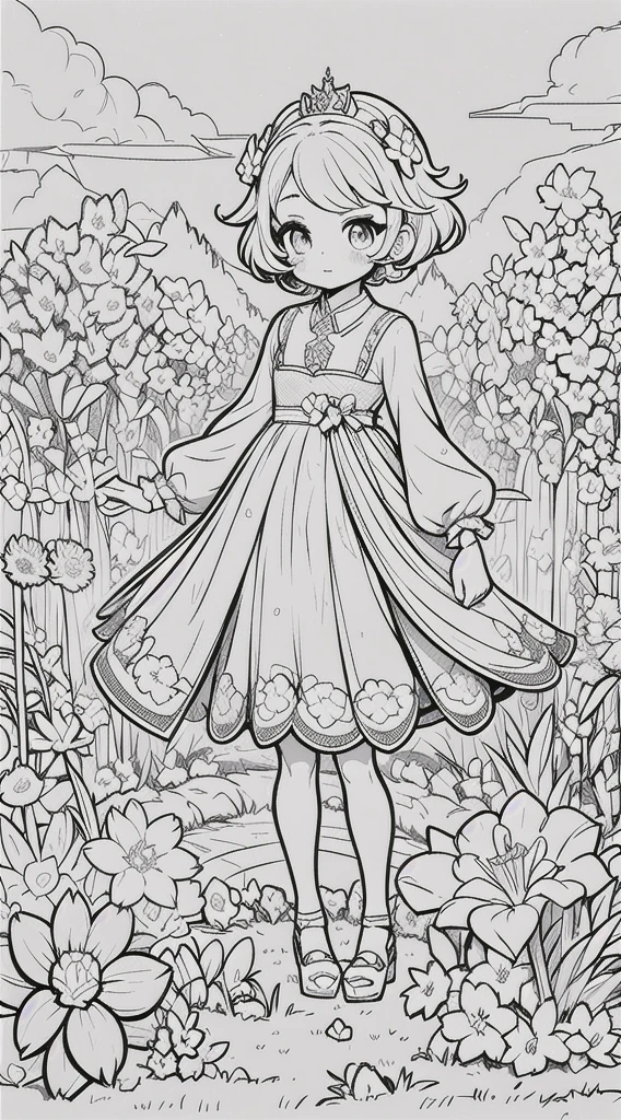 a beautiful girl with short hair, holding a kawaii cat in her arms, standing in a flower garden, full body shot, centered in the frame, (best quality,4k,8k,highres,masterpiece:1.2),ultra-detailed,(realistic,photorealistic,photo-realistic:1.37),line art,black and white art,kawaii princess,girl standing